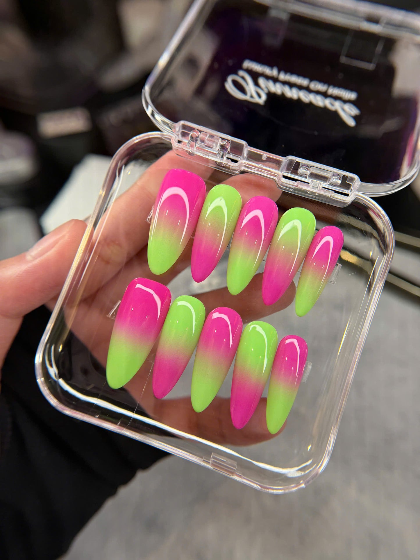Neon Pink and Green Ombre Press On Nails, Summer Nails, Vibrant Gradient Gel Nails, Reusable Trendy Pressons, Colorful Nails, Gift For Her - PN251353