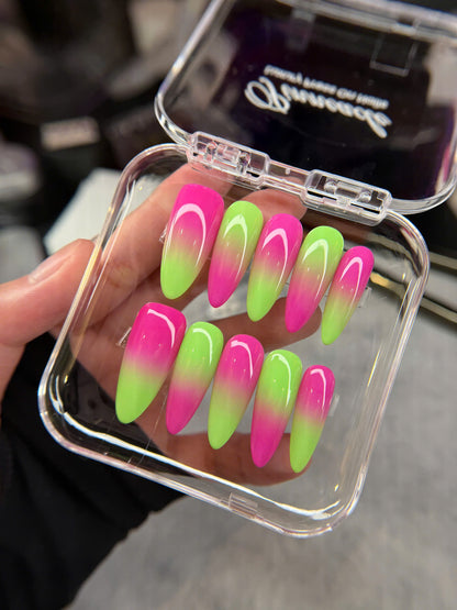 Neon Pink and Green Ombre Press On Nails, Summer Nails, Vibrant Gradient Gel Nails, Reusable Trendy Pressons, Colorful Nails, Gift For Her - PN251353