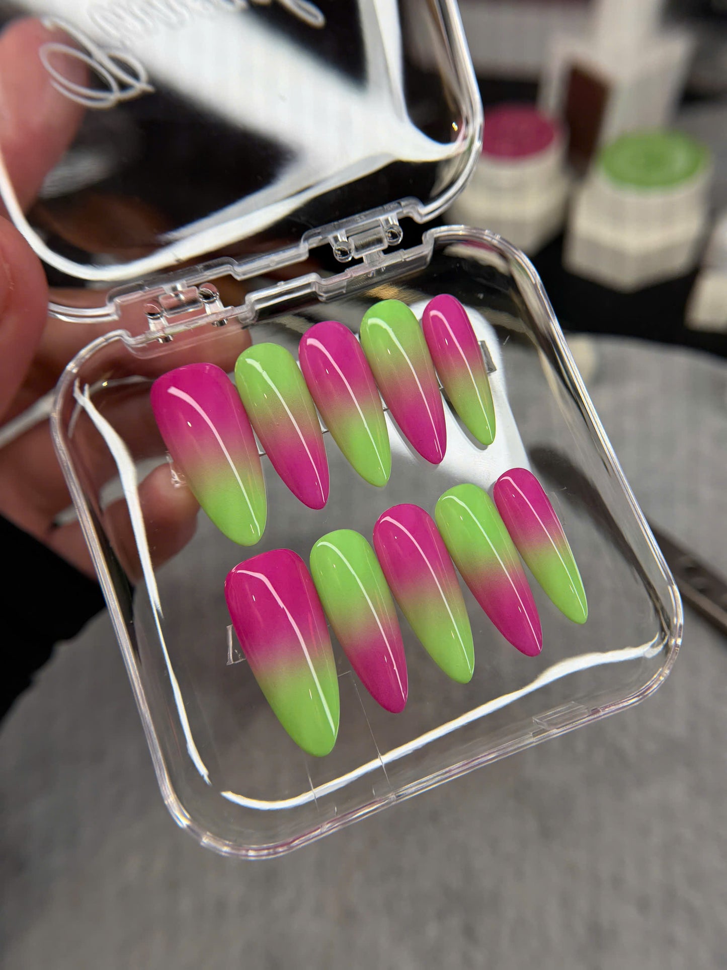 Neon Pink and Green Ombre Press On Nails, Summer Nails, Vibrant Gradient Gel Nails, Reusable Trendy Pressons, Colorful Nails, Gift For Her - PN251353