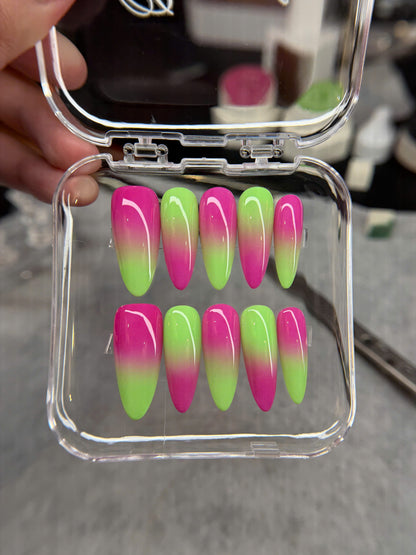 Neon Pink and Green Ombre Press On Nails, Summer Nails, Vibrant Gradient Gel Nails, Reusable Trendy Pressons, Colorful Nails, Gift For Her - PN251353
