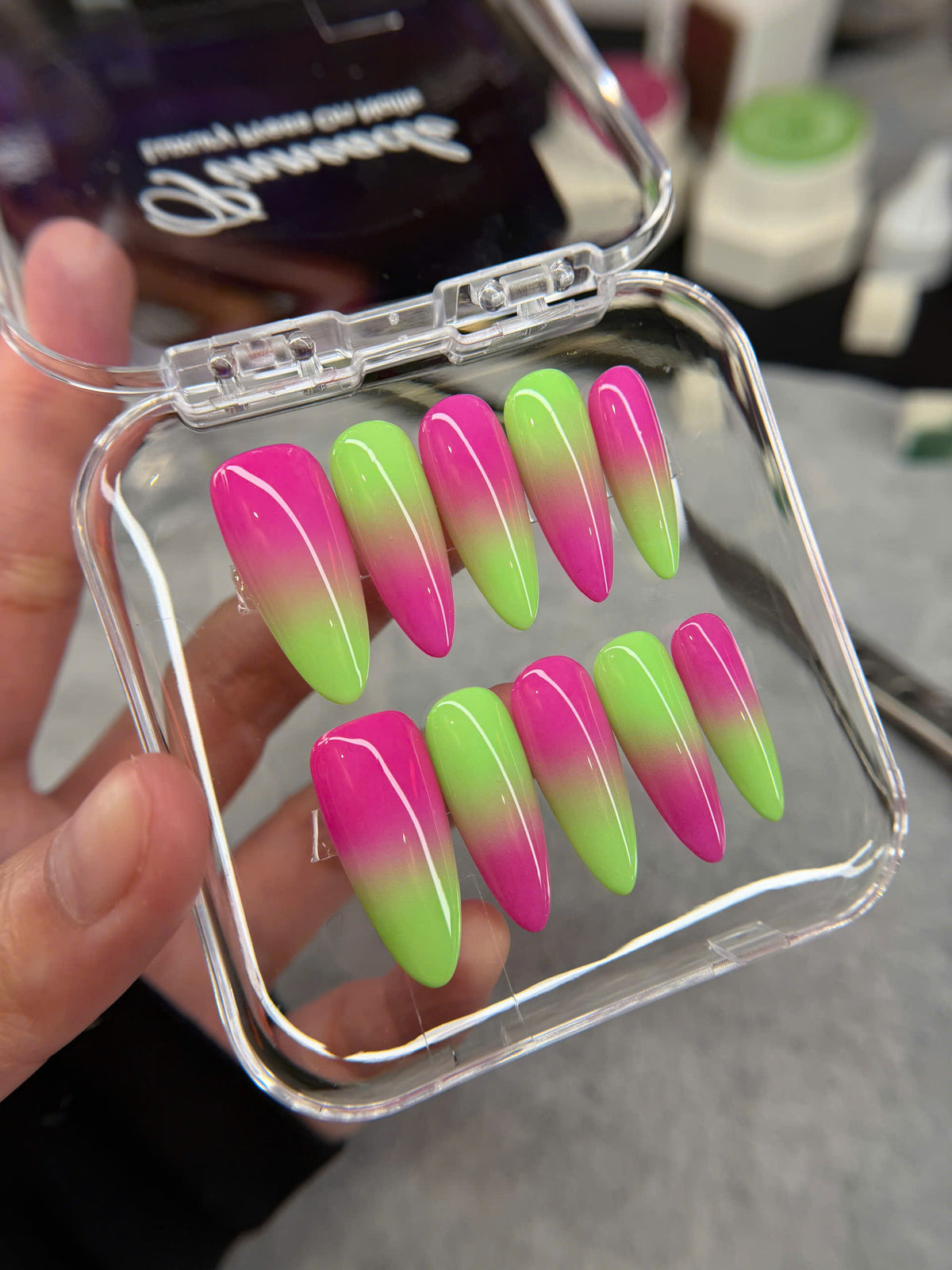 Neon Pink and Green Ombre Press On Nails, Summer Nails, Vibrant Gradient Gel Nails, Reusable Trendy Pressons, Colorful Nails, Gift For Her - PN251353