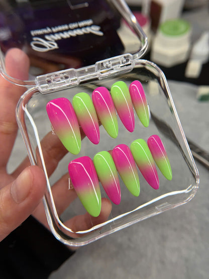 Neon Pink and Green Ombre Press On Nails, Summer Nails, Vibrant Gradient Gel Nails, Reusable Trendy Pressons, Colorful Nails, Gift For Her - PN251353