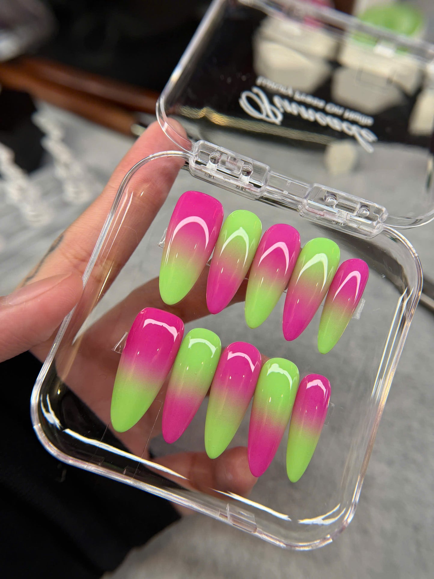 Neon Pink and Green Ombre Press On Nails, Summer Nails, Vibrant Gradient Gel Nails, Reusable Trendy Pressons, Colorful Nails, Gift For Her - PN251353