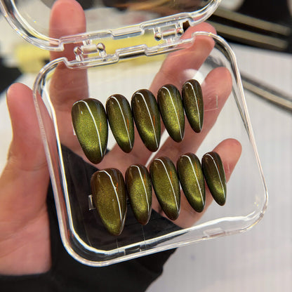 Brown Green Cat Eye Nails, Glowing Aura Press On, Medium Almond, Earthy Mystical Manicure, Reuseable Custom Size Nail Set, Gift For Her - PN251343