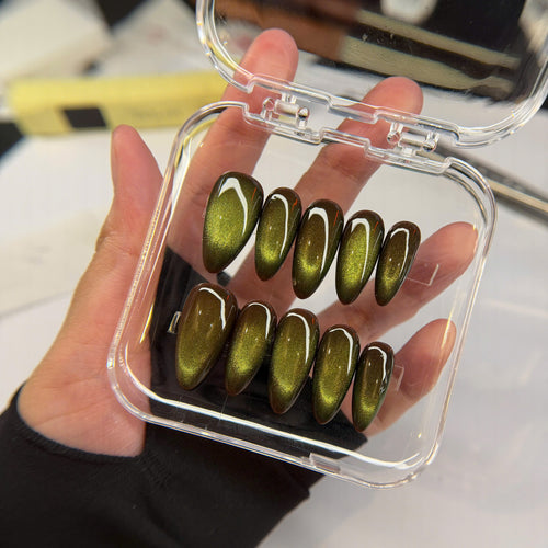 Brown Green Cat Eye Nails, Glowing Aura Press On, Medium Almond, Earthy Mystical Manicure, Reuseable Custom Size Nail Set, Gift For Her - PN251343