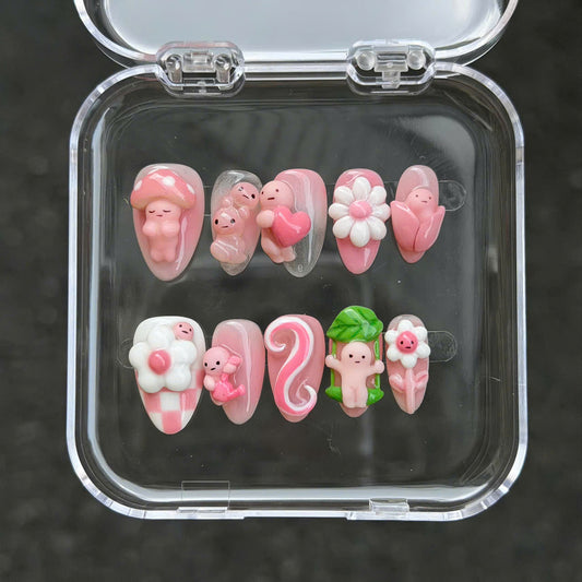 Cute Smiski Character Press on Nails, 3D Pink Mushroom Flower Swing Set, Kawaii Jelly Gel Reusable Custom Size Coffin Nails, Gift For Her - CT260904