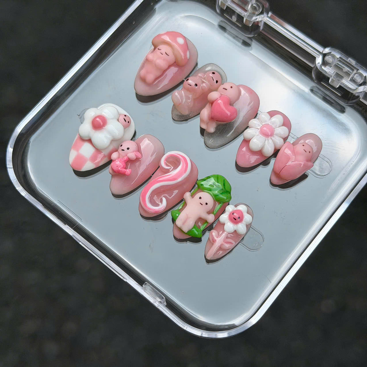 Cute Smiski Character Press on Nails, 3D Pink Mushroom Flower Swing Set, Kawaii Jelly Gel Reusable Custom Size Coffin Nails, Gift For Her - CT260904