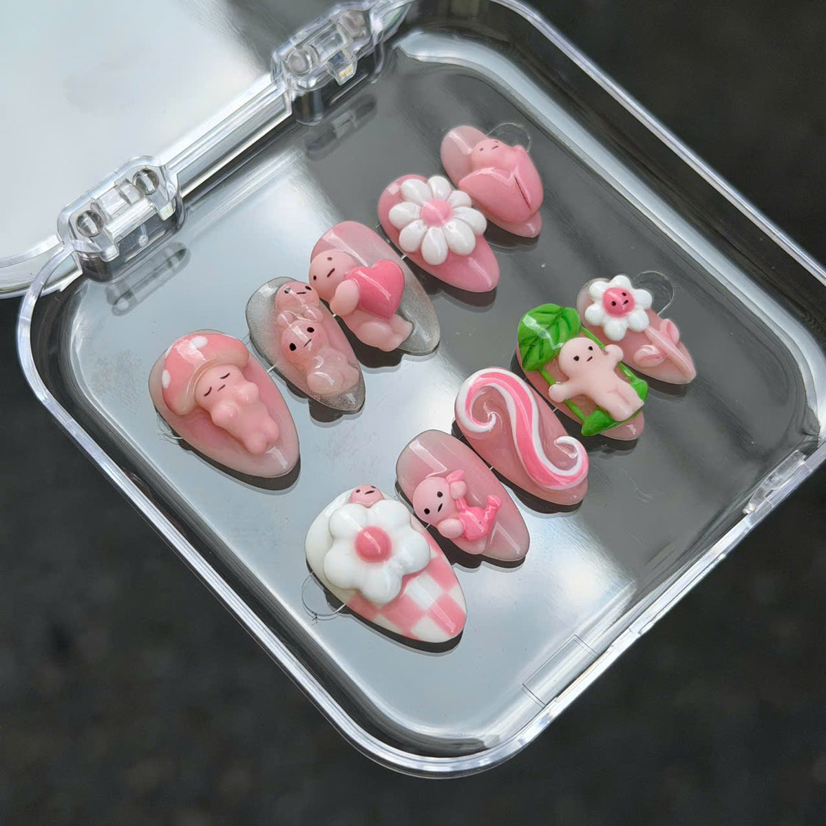 Cute Smiski Character Press on Nails, 3D Pink Mushroom Flower Swing Set, Kawaii Jelly Gel Reusable Custom Size Coffin Nails, Gift For Her - CT260904