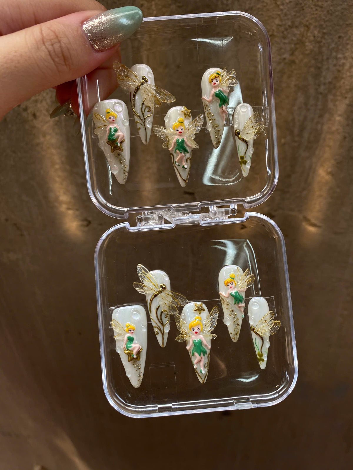 Tinkerbell Fairy Press on Nails, 3D Dragonfly Glazed Opal Wedding Set, Gold Pixie Dust Fantasy Reusable Soft Gel False Nails, Gift For Her - CT260902