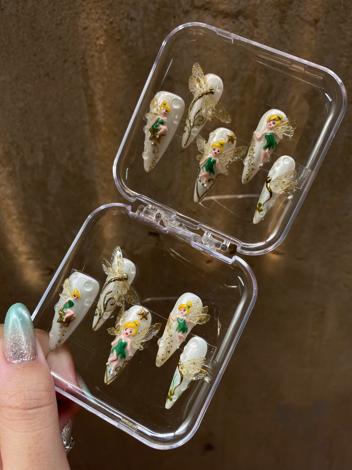 Tinkerbell Fairy Press on Nails, 3D Dragonfly Glazed Opal Wedding Set, Gold Pixie Dust Fantasy Reusable Soft Gel False Nails, Gift For Her - CT260902