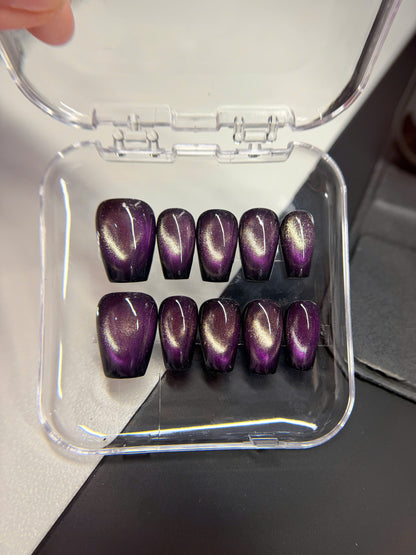 Purple Gold Cat Eye Press on Nails, Magnetic Luxury Nails, Old Money Aesthetic Reusable Nails, Custom Size Handcrafted Gel Glue on Set - PN251138