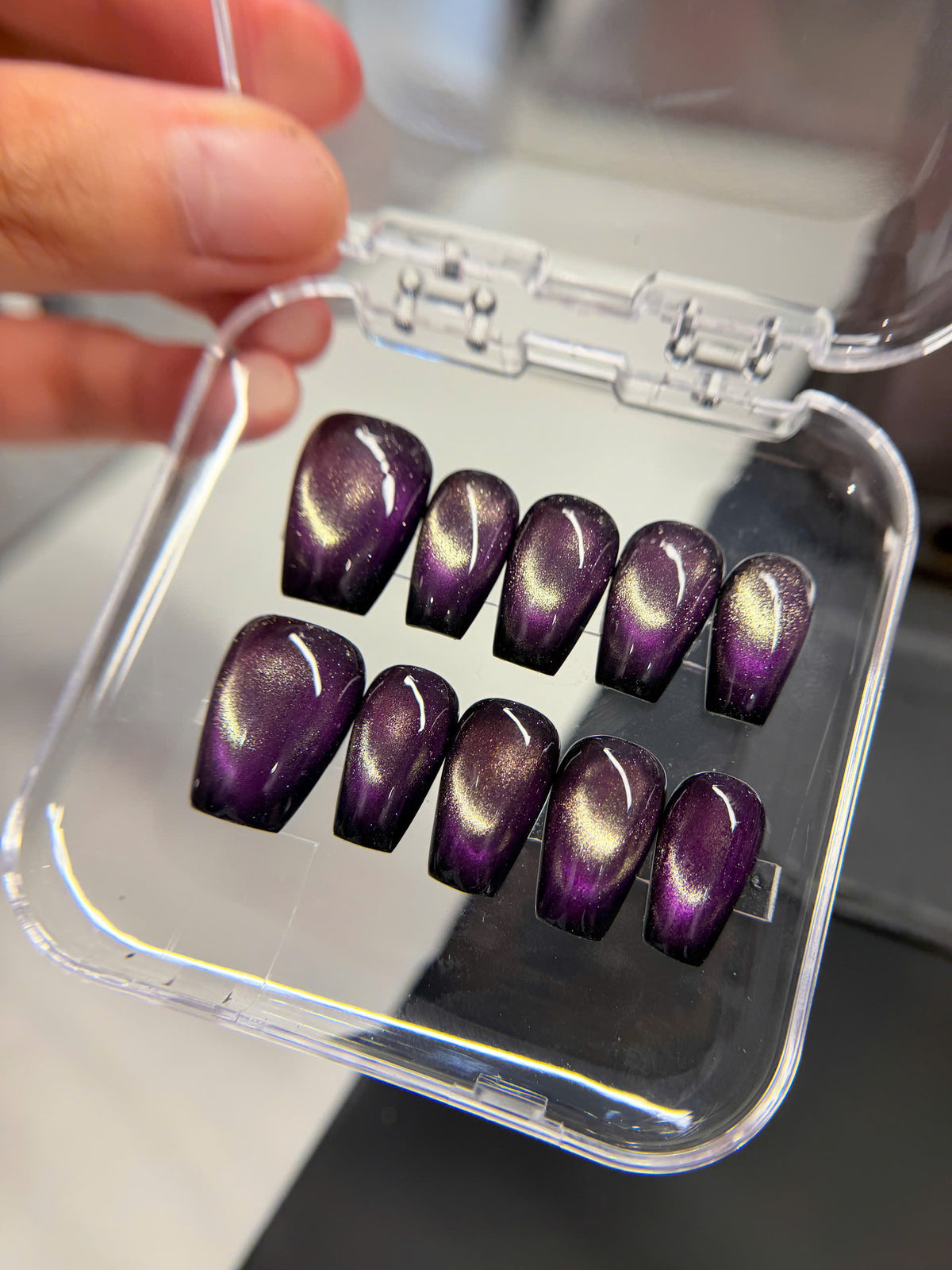 Purple Gold Cat Eye Press on Nails, Magnetic Luxury Nails, Old Money Aesthetic Reusable Nails, Custom Size Handcrafted Gel Glue on Set - PN251138