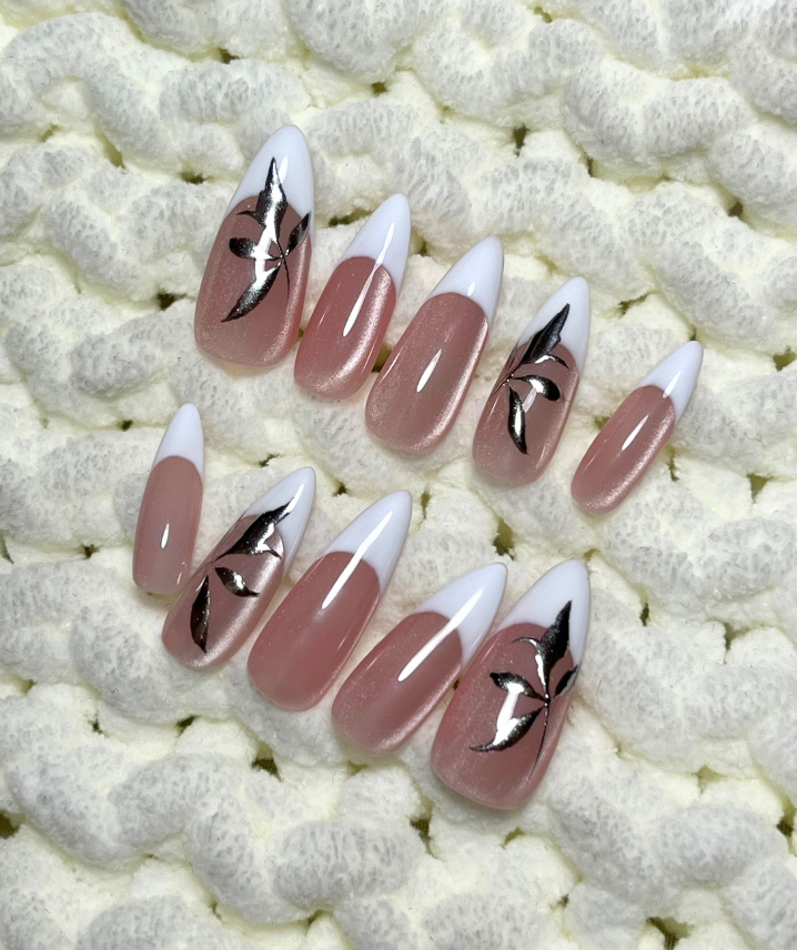 White French Tip Press-On Nails with Metallic Leaf Design - Valentines Nails - Wedding & Engagement Nails  -  Custom Size Set - PN251137