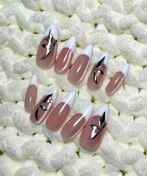 White French Tip Press-On Nails with Metallic Leaf Design - Valentines Nails - Wedding & Engagement Nails  -  Custom Size Set - PN251137