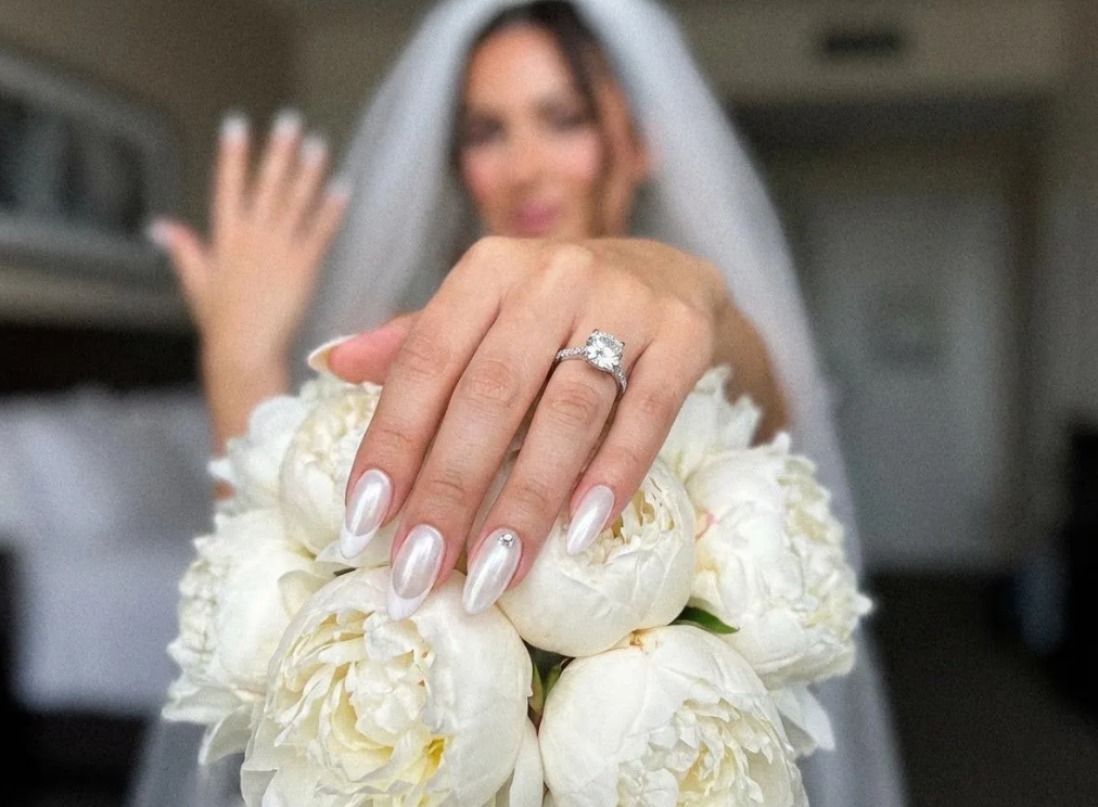 Pearl French Tip Wedding, Engagement Press On Nails - White on White Nails with Crystal Accent - Elegant Soft Gel - Custom Size Set - PN251125