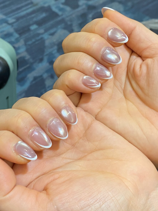 Pink Cat Eye French Tip Press On Nails - Shimmer Pink Gel Nails - Clean Girl Handmade Reusable Nail Set - Custom Size Set - NM233029