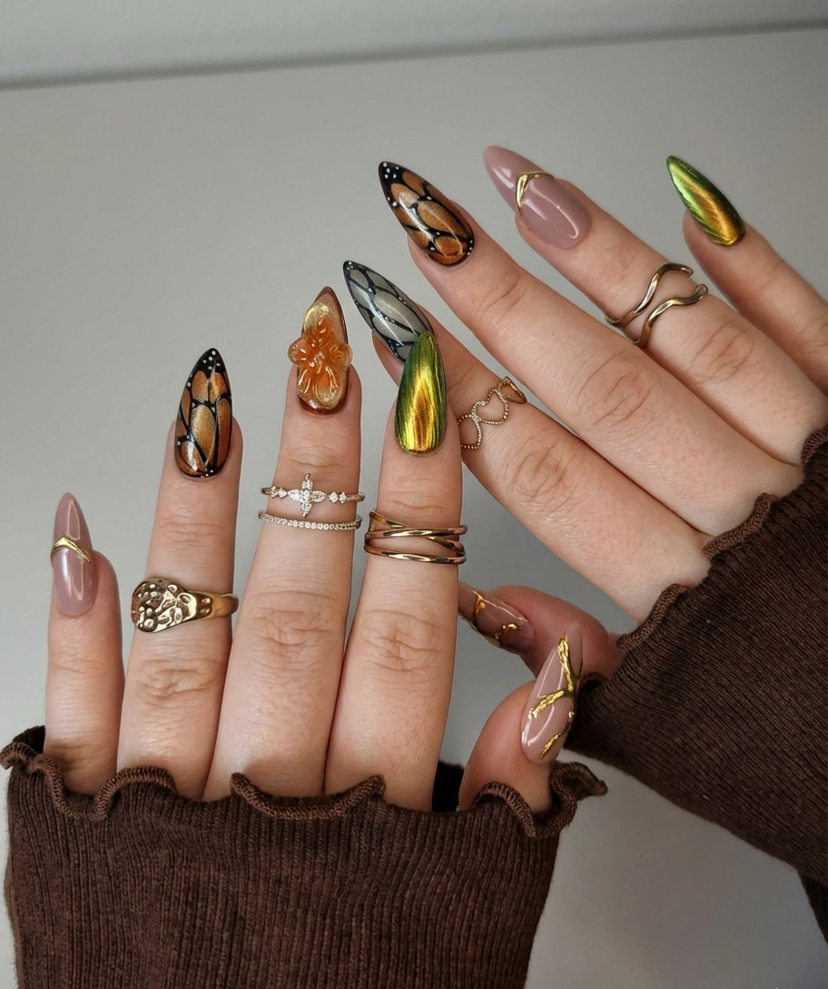Butterfly Wing Press on Nails, Autumn Forest Glue ons, 3D Flower Nail Art, Earthy Green Chrome Nails, Monarch Wing Nails, Whimsical Fall - PN251302