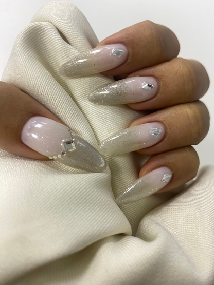Silver Glitter Ombre Press On Nails - Milky White Fade - Diamond Rhinestone Crystal - Winter Sparkle Gel - Custom Size Set - PN251203