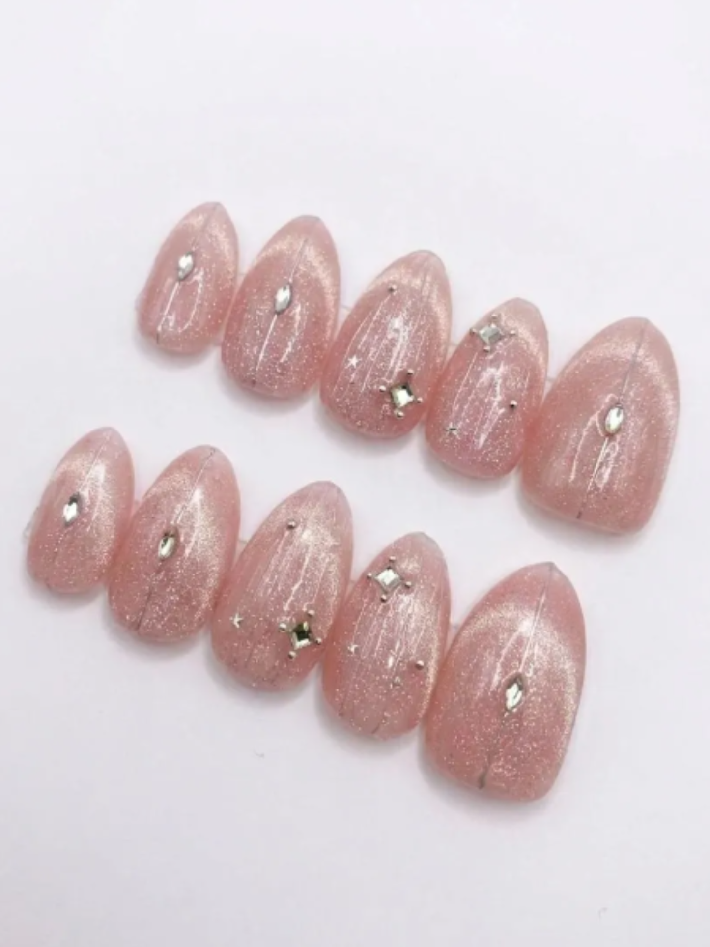 Engagement, Proposal, Wedding Press-On Nails -  Pink Cat Eye with Crystal Accents - Handmade Reusable Nail Set - Custom Size Set - DYT152008