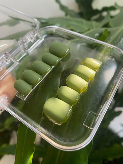 Olive Green French Tip Press On Nails - Glossy Tip Handmade Nails - Two Tone Green Nails - Korean Nail Style - Custom Size Set - NM233019