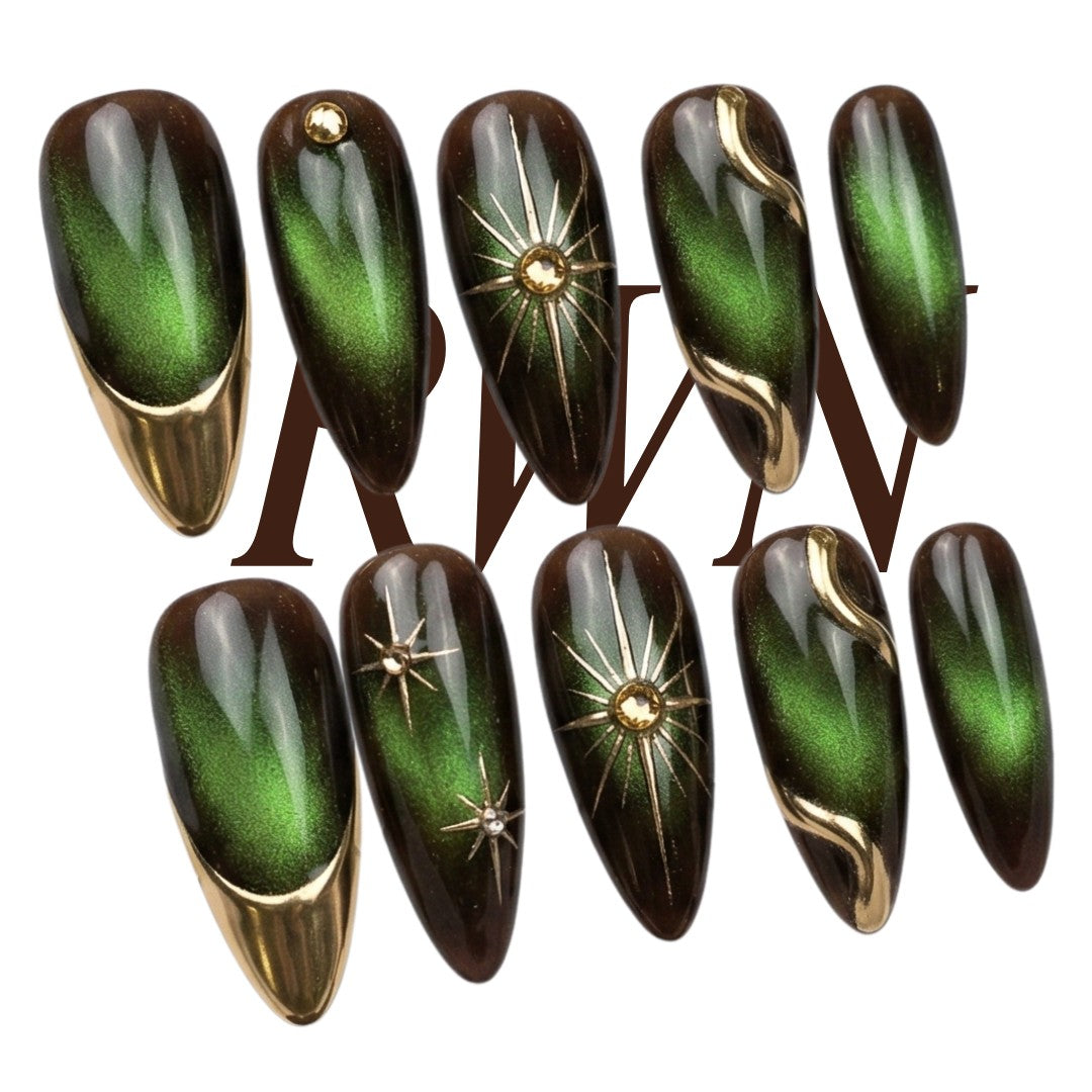 Green Cat Eye Press on Nails, Gold Star Celestial Nails, Dark Aura Snake Nail Art Set, Custom Size Reusable Handmade Soft Gel Glue ons, Gift - PN251310
