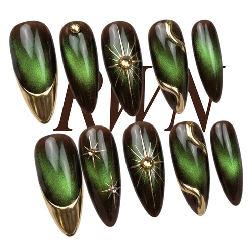 Green Cat Eye Press on Nails, Gold Star Celestial Nails, Dark Aura Snake Nail Art Set, Custom Size Reusable Handmade Soft Gel Glue ons, Gift - PN251310