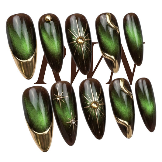 Green Cat Eye Press on Nails, Gold Star Celestial Nails, Dark Aura Snake Nail Art Set, Custom Size Reusable Handmade Soft Gel Glue ons, Gift - PN251310
