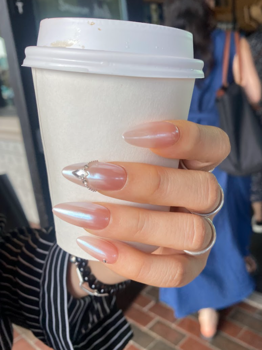 Pink Chrome Press On Nails with Stone Accents - Luxury Nail Set - Clean Girl Press On - Brial Engagement Nail Set - Custom Size Set - PN251104