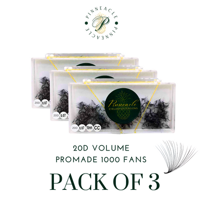 Pack of 3 - 20D Volume - 1000 Fans Promade Volume Fans For Professional Eyelash Extension - Pinneacle Lash