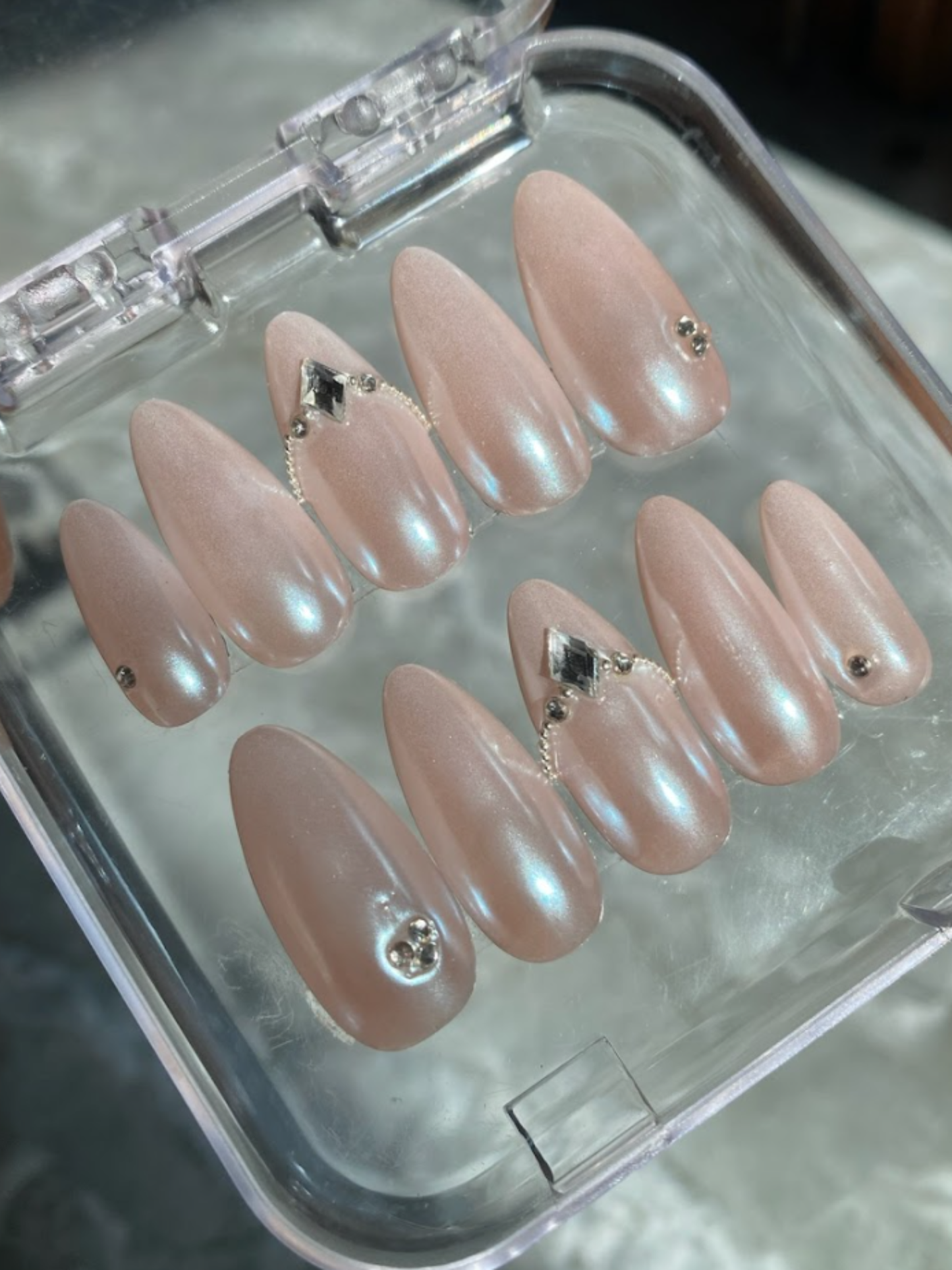 Pink Chrome Press On Nails with Stone Accents - Luxury Nail Set - Clean Girl Press On - Brial Engagement Nail Set - Custom Size Set - PN251104