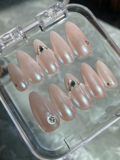 Pink Chrome Press On Nails with Stone Accents - Luxury Nail Set - Clean Girl Press On - Brial Engagement Nail Set - Custom Size Set - PN251104