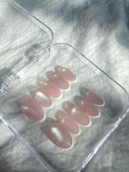 Pink Cat Eye French Tip Press On Nails - Shimmer Pink Gel Nails - Clean Girl Handmade Reusable Nail Set - Custom Size Set - NM233029