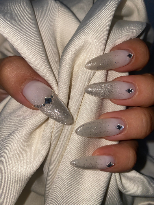 Silver Glitter Ombre Press On Nails - Milky White Fade - Diamond Rhinestone Crystal - Winter Sparkle Gel - Custom Size Set - PN251203