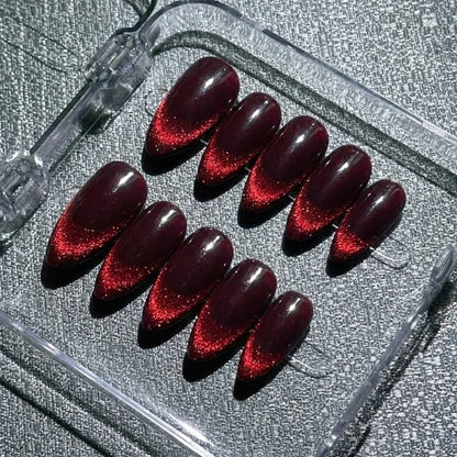 Burgundy Red Cat Eye Press on Nails, Dark Wine Velvet Nails, Luxury Old Money Reusable Nails, Rich Wife Aesthetic Glue on Nails, Custom Size - NM233026