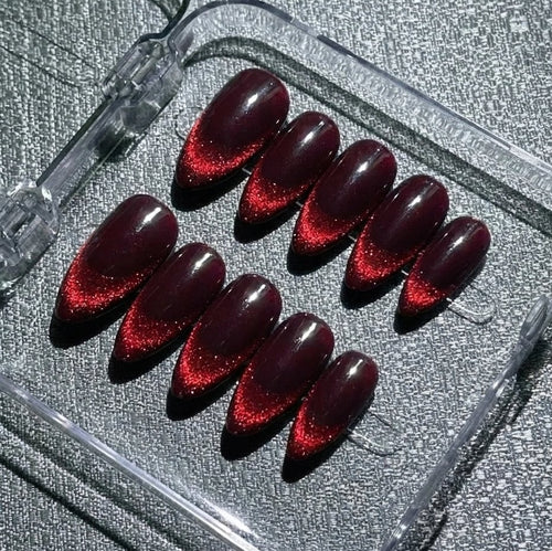 Burgundy Red Cat Eye Press on Nails, Dark Wine Velvet Nails, Luxury Old Money Reusable Nails, Rich Wife Aesthetic Glue on Nails, Custom Size - NM233026
