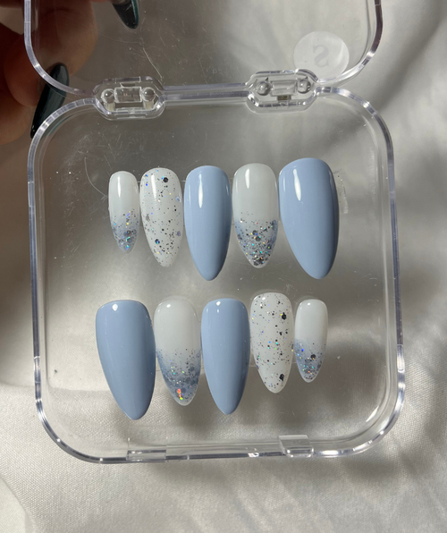 Baby Blue Press-On Nails with Glitter Accent - Soft Blue Milky White - Clean Girl Aesthetic - Custom Size Set - PN251131