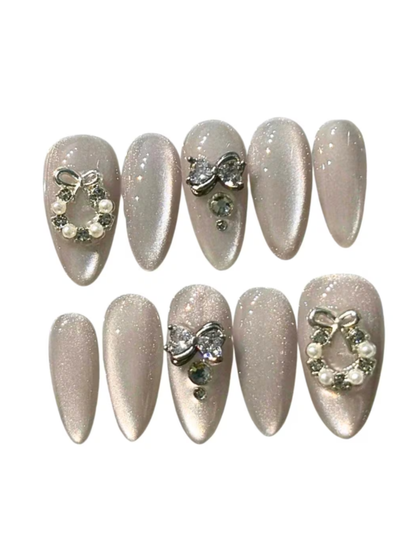 Pink Cat Eye Press On Nails Holiday Theme With Charms - Handmade Soft Gel Nails - Engagement Brial Wedding - Custom Size Set - PN251103