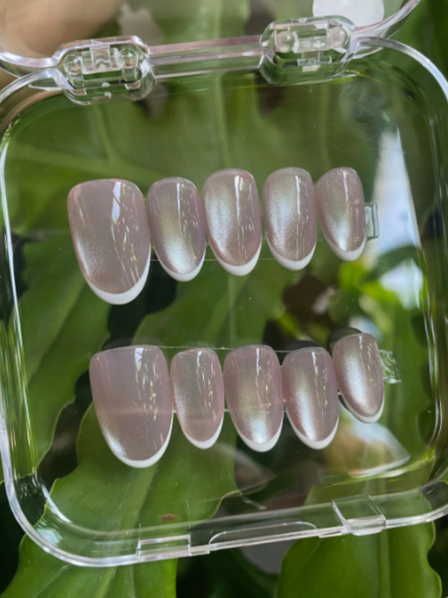 Pink Cat Eye French Tip Press On Nails - Shimmer Pink Gel Nails - Clean Girl Handmade Reusable Nail Set - Custom Size Set - NM233029