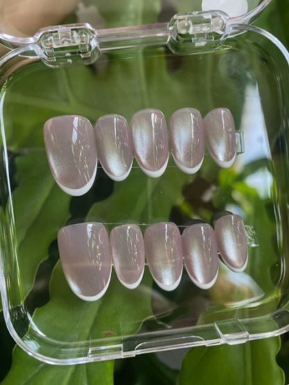 Pink Cat Eye French Tip Press On Nails - Shimmer Pink Gel Nails - Clean Girl Handmade Reusable Nail Set - Custom Size Set - NM233029