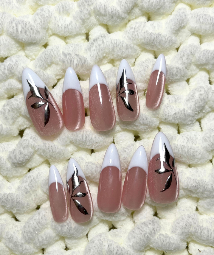 White French Tip Press-On Nails with Metallic Leaf Design - Valentines Nails - Wedding & Engagement Nails  -  Custom Size Set - PN251137