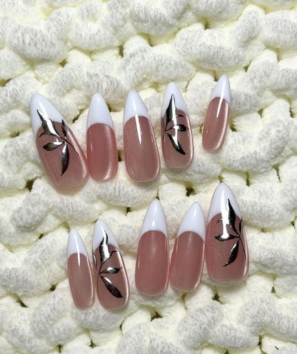 White French Tip Press-On Nails with Metallic Leaf Design - Valentines Nails - Wedding & Engagement Nails  -  Custom Size Set - PN251137