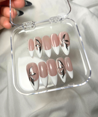 White French Tip Press-On Nails with Metallic Leaf Design - Valentines Nails - Wedding & Engagement Nails  -  Custom Size Set - PN251137