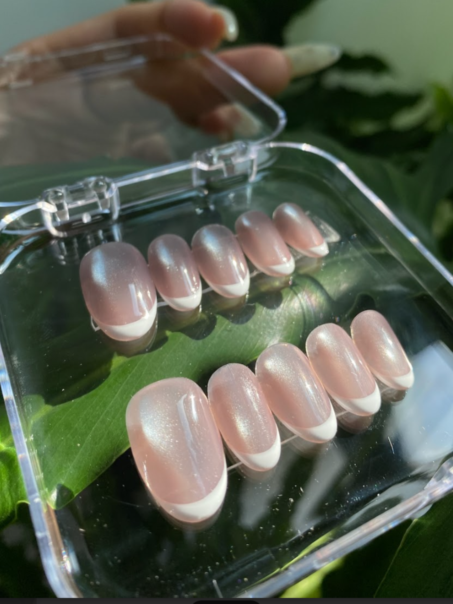 Pink Cat Eye French Tip Press On Nails - Shimmer Pink Gel Nails - Clean Girl Handmade Reusable Nail Set - Custom Size Set - NM233029