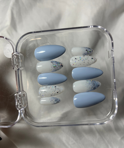 Baby Blue Press-On Nails with Glitter Accent - Soft Blue Milky White - Clean Girl Aesthetic - Custom Size Set - PN251131