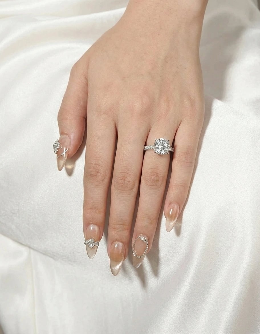 Champagne Gold Textured Press On Nails - 3D Sculpted Gold Nails with Crystals - Luxury Gel Nails - Bridal Nude Nails - Custom Size Set - PN251123