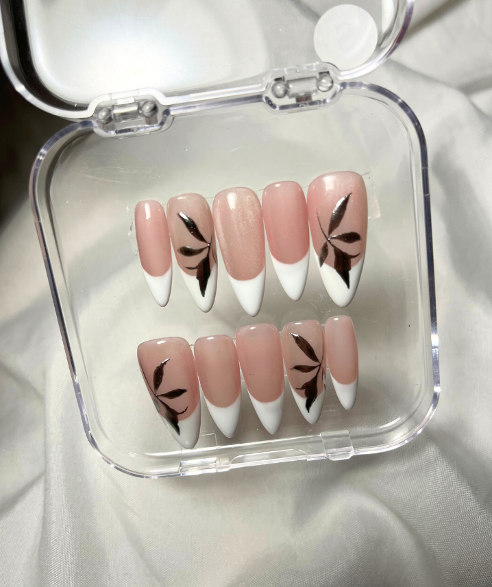 White French Tip Press-On Nails with Metallic Leaf Design - Valentines Nails - Wedding & Engagement Nails  -  Custom Size Set - PN251137