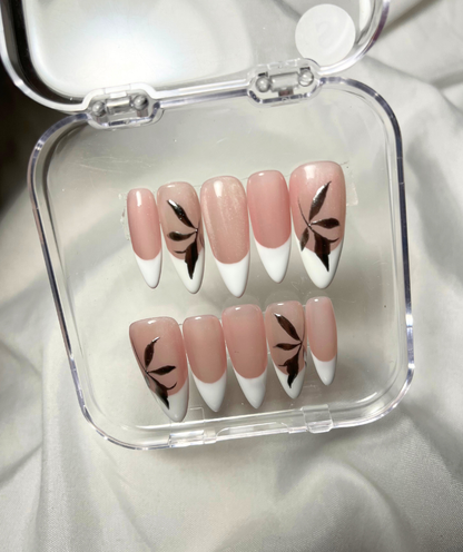 White French Tip Press-On Nails with Metallic Leaf Design - Valentines Nails - Wedding & Engagement Nails  -  Custom Size Set - PN251137