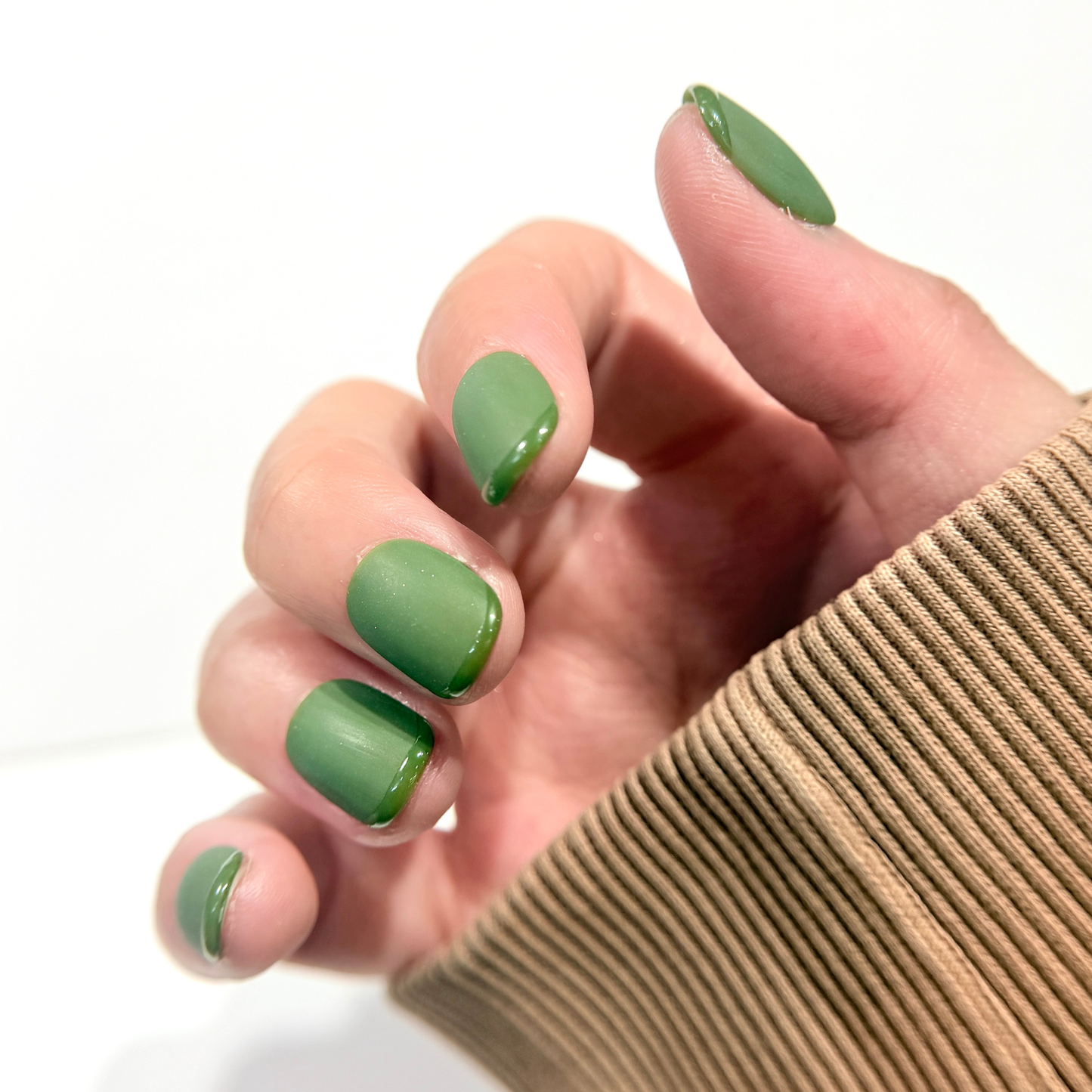 Olive Green French Tip Press On Nails - Glossy Tip Handmade Nails - Two Tone Green Nails - Korean Nail Style - Custom Size Set - NM233019