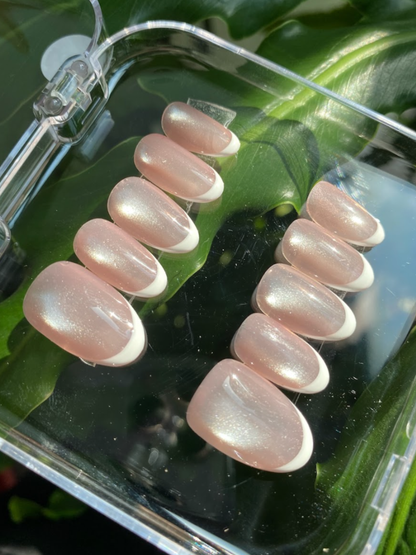 Pink Cat Eye French Tip Press On Nails - Shimmer Pink Gel Nails - Clean Girl Handmade Reusable Nail Set - Custom Size Set - NM233029