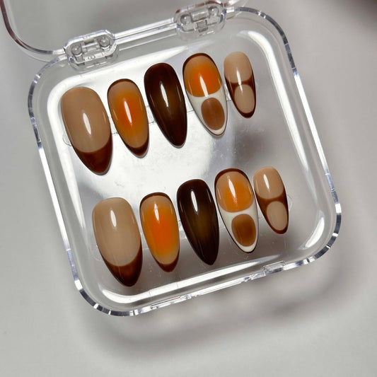 Brown Retro Aura Press On Nails - Coffee Latte Art - 70s Geometric Mod - Chocolate Valentine - Warm Neutral - Custom Size Set - PN251235